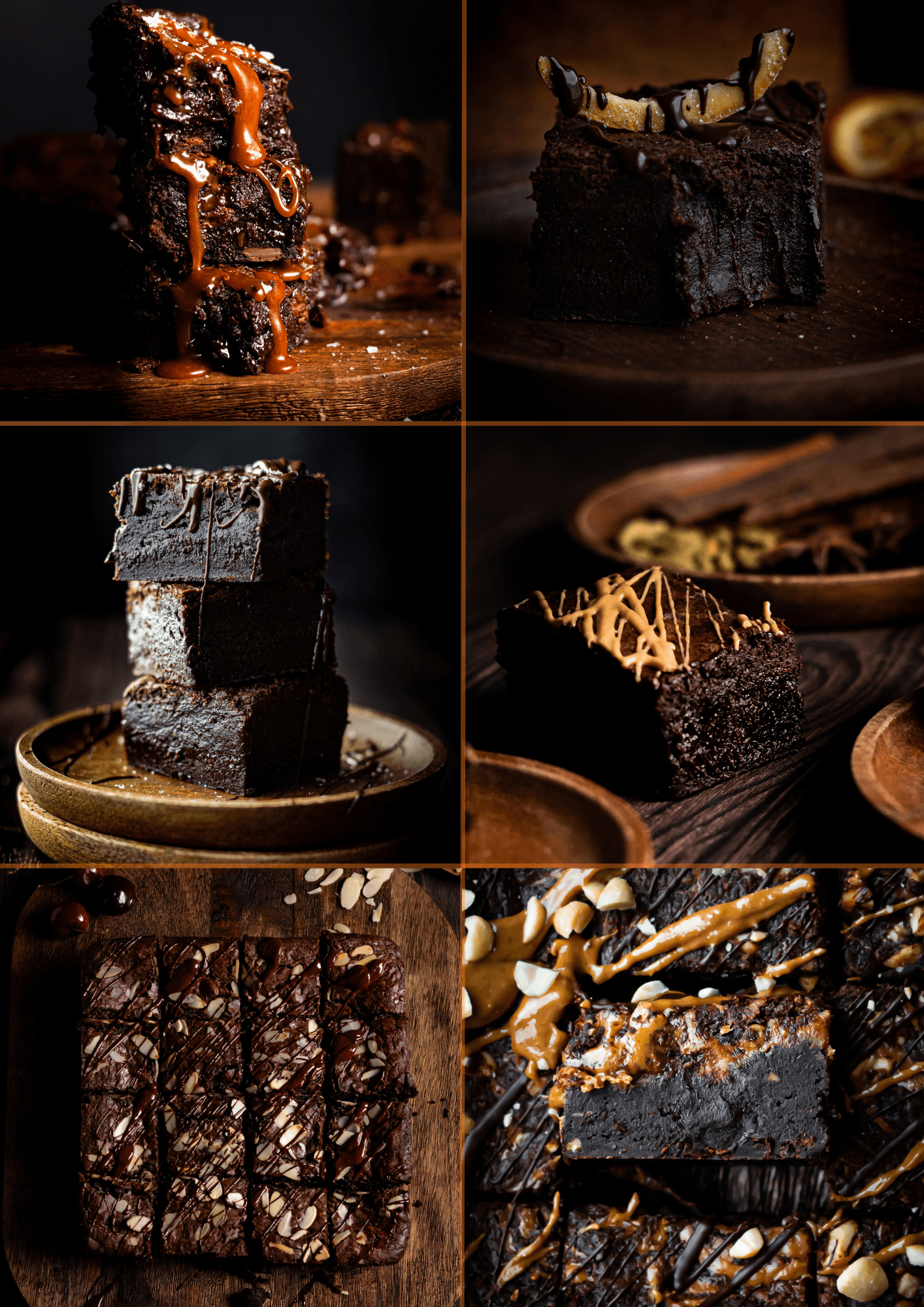 A collage of our 6 brownie flavours: classic chocolate, salted caramel, masala chai, chocolate orange, peanut butter and sour cherry & almond